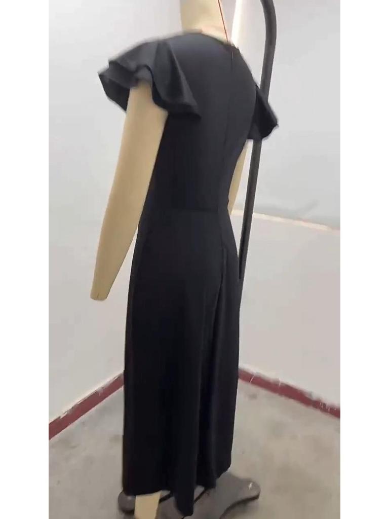 Summer 2025 V-Neck Waist-Cinching Ruffle Sleeve Solid Color Fashion Dress