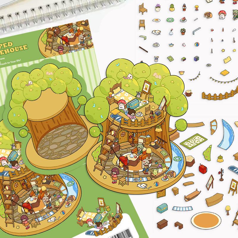 Cartoon Landscape Sticker Cute Miniature World 3D Three-dimensional House Unzipped DIY Scene Handbook Sticker