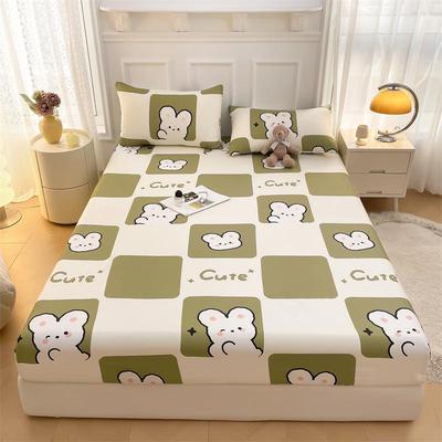 Pure Cotton Cartoon Print Fitted Sheet & Solid Color Mattress Protector Three-Piece Set