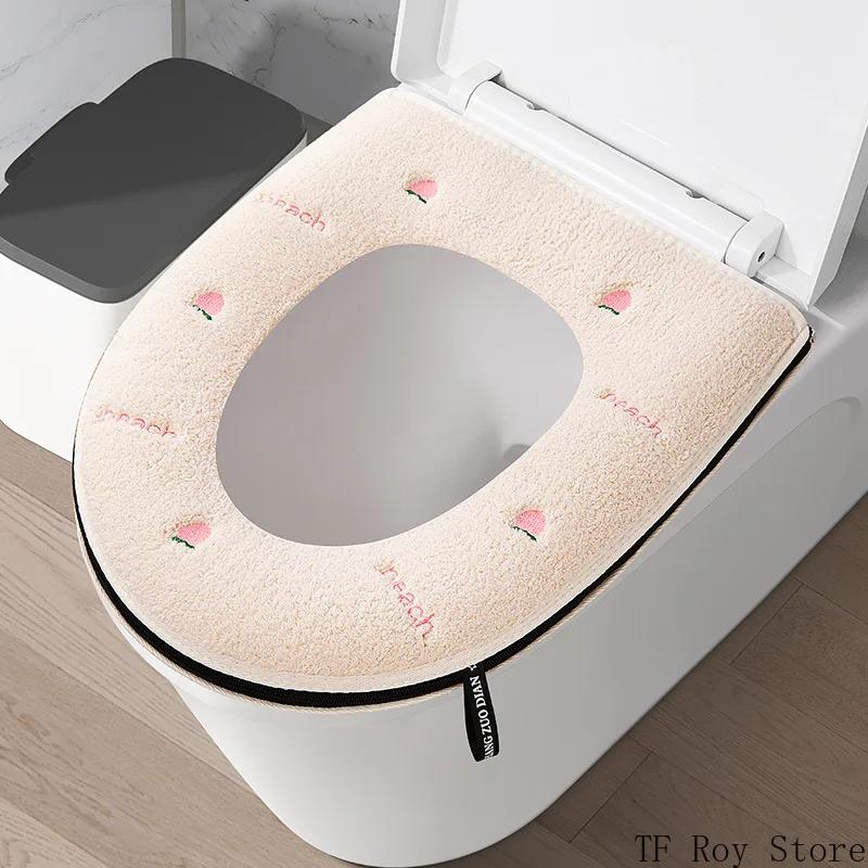 

Peach Pattern Thickened Toilet Mat Universal Waterproof Zipper Embroidered Toilet Cover Home Toilet Seat Cushion Four Seasons бежевий