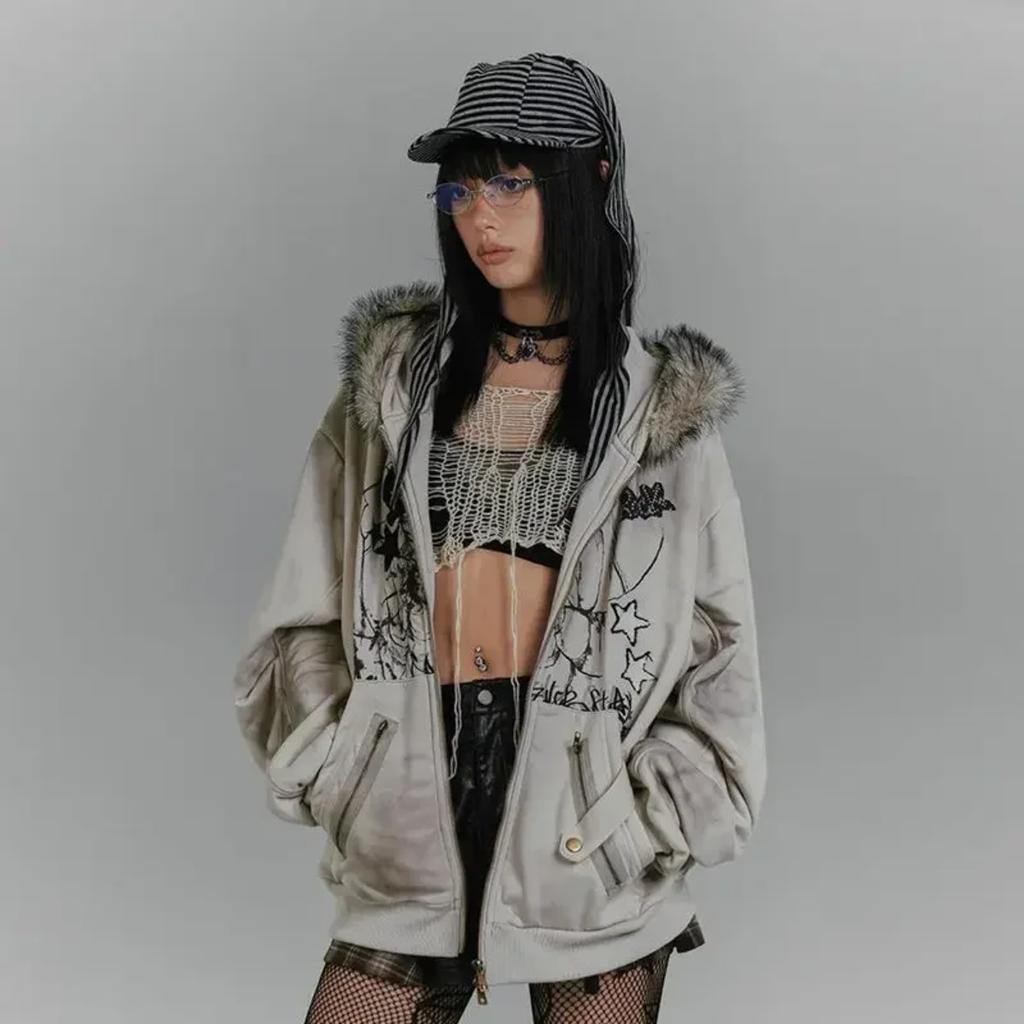 2KWEIRD American Retro Hoodie Women Gothic Simple Print Rabbit Ears Zipper Hooded Fur Collar Sweatshirt Fashionable Harajuku Jacket Tops