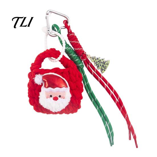 Yarn Santa Decor Christmas Claus Bag Charm, Crochet Keychain Pendant with Knitted Holiday Embellishments Faux Leather Star, Xmas Hanging for
