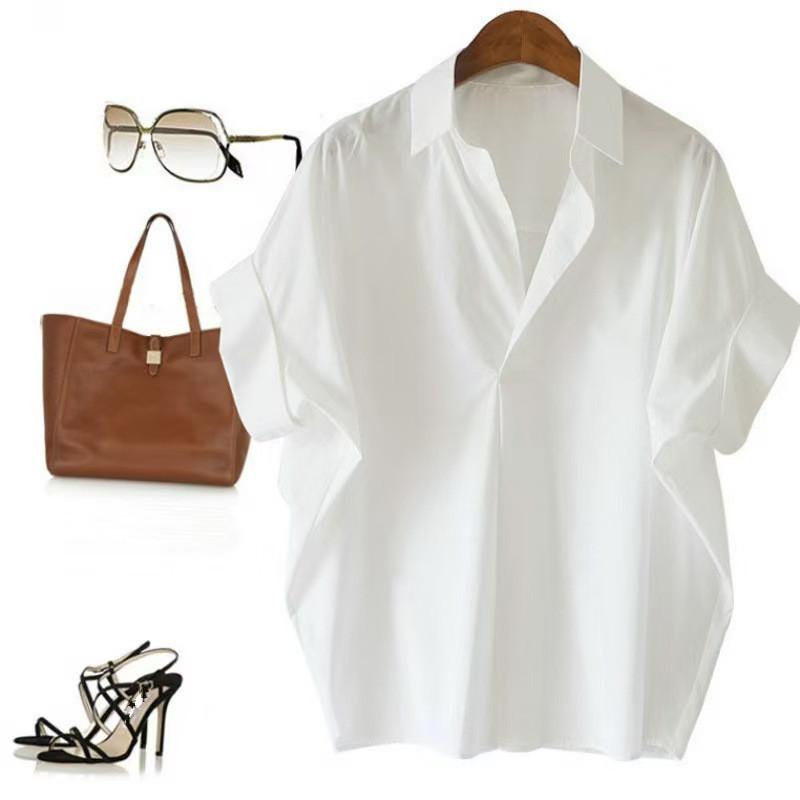 

Women s Summer White Vintage Batwing Sleeve Blouse Loose Casual Lapel All-Match Shirt S белый