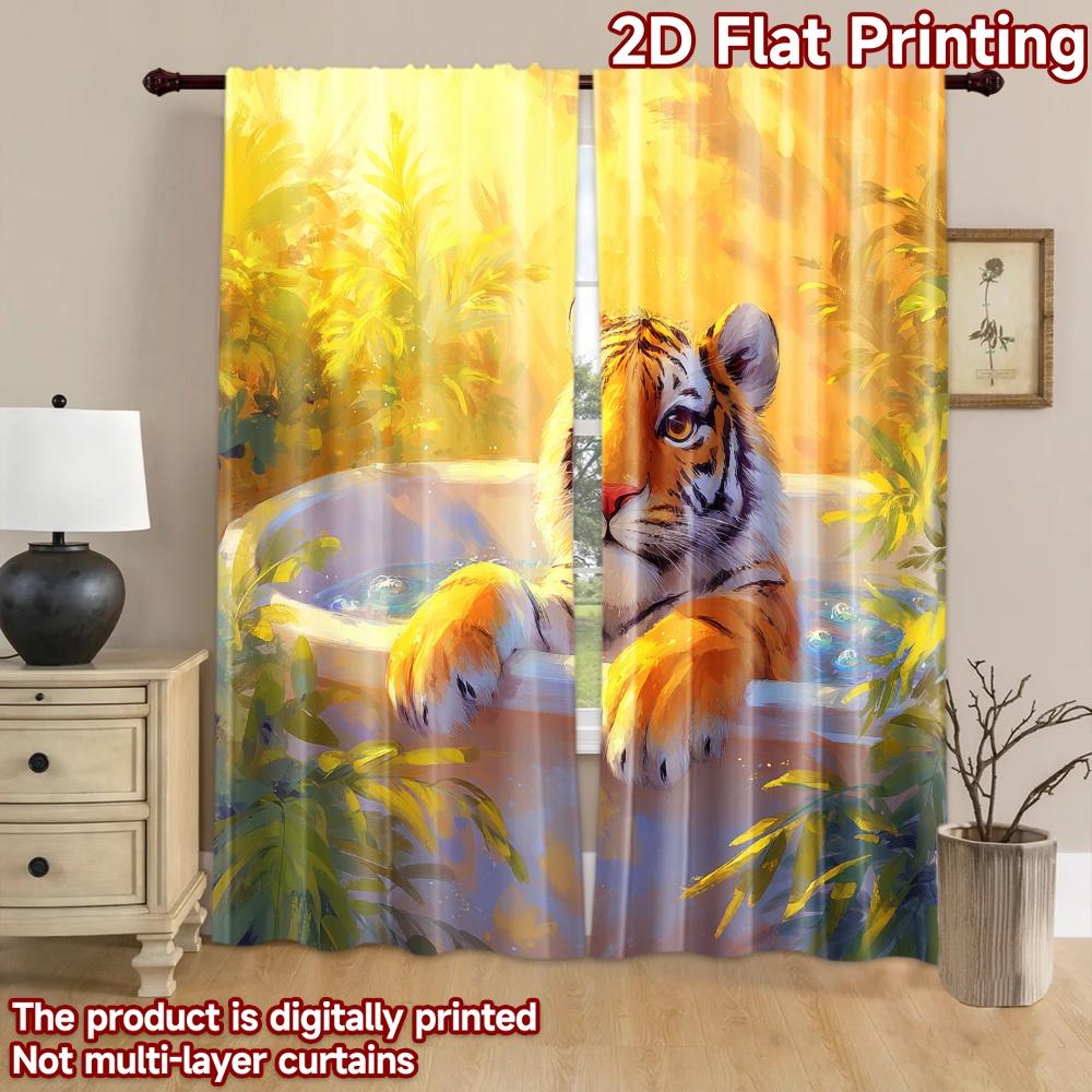 2D flat printing 2pcs Window Curtains Cute Tiger Bathing Digital Printed Polyester Drapes Party Decorations for Indoor Outdoor