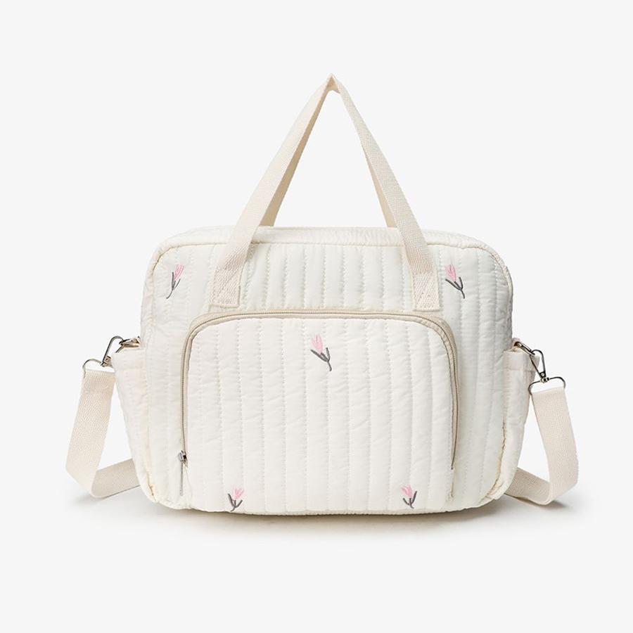 

Cute Bear Flower Embroidery Pattern Baby Beige Cotton Fabric Zipper Diaper Handbag New Luggage Bag