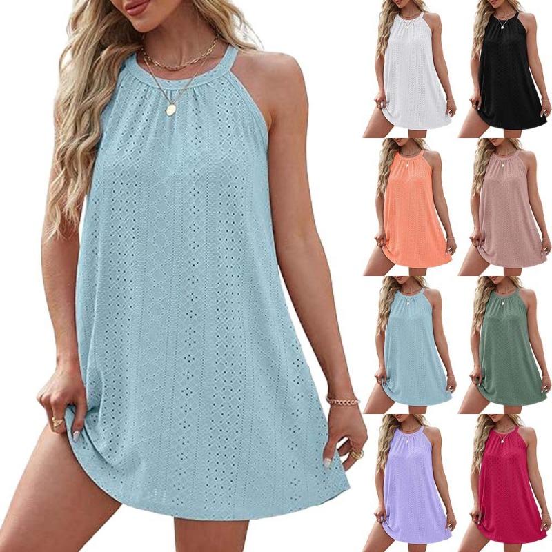 Damen Sommer Rundhals Neckholder Ärmelloses Einfarbiges Westenkleid