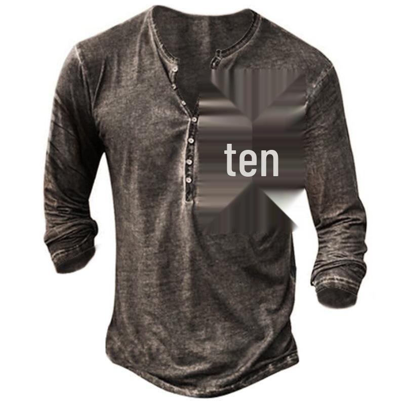 Evropské a americké slim fit plus size tičko bez límečku s potiskem, ležérní s dlouhým rukávem