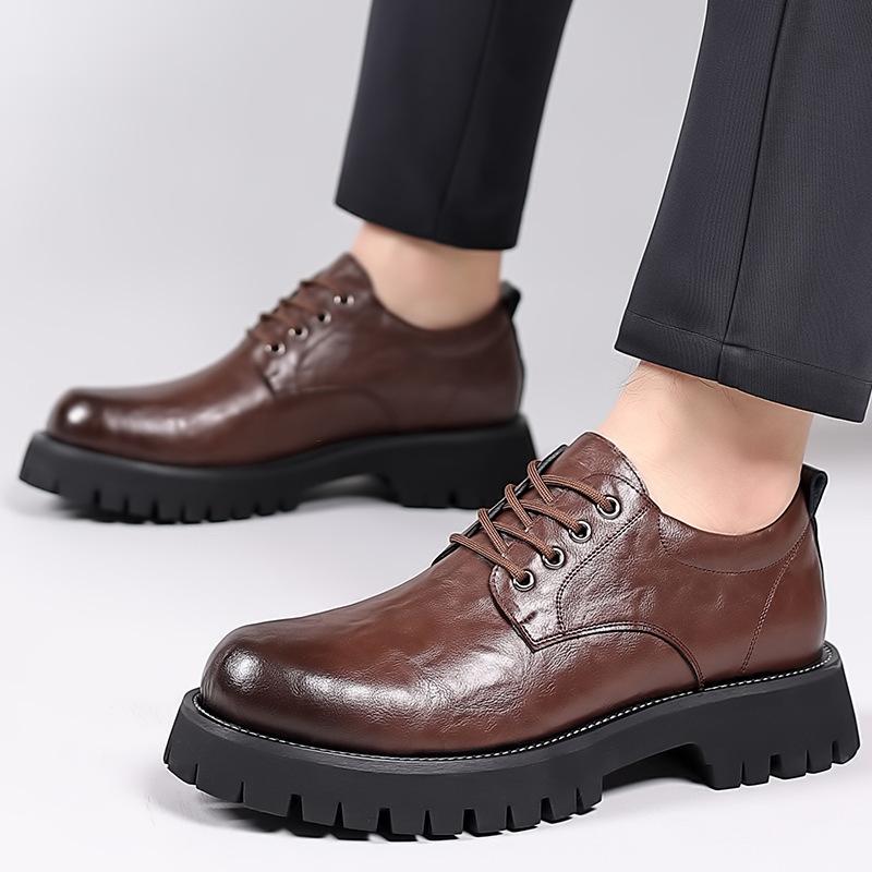 2025 Autumn New Youth Round Head Middle Heel Big Head Tooling Men's Casual Daily Leather Shoes 5088 Non-slip