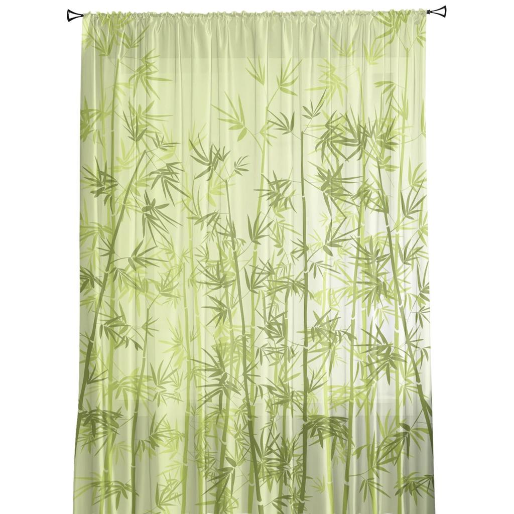 Grüne Bambusblätter, transparente Vorhänge für Wohnzimmer, Tüll-Vorhang für Schlafzimmer, Küche, Fenster, Voile-Vorhänge