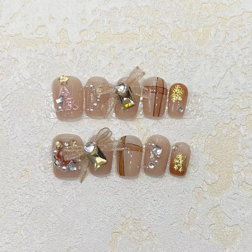 Christmas Nail Art Wear Nail Handmade Light Luxury Style Cute Wish Christmas Tree Ribbon Bow Handmade Manicure
