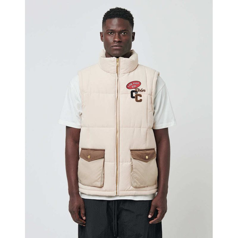 and American Style Men s Autumn and Winter Thickened Cotton Vest, Couple s American Casual Street Style with Stand Collar and Embroidered Cotton Vest Beige S