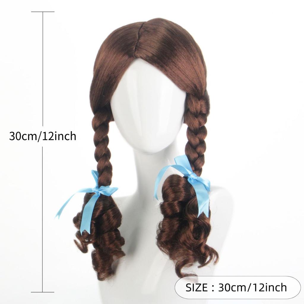 Anime Wig for Women And Girls Brown Double Ponytail Braid Synthetic Fiber Hair with Blue Ribbon Cosplay Party Gift