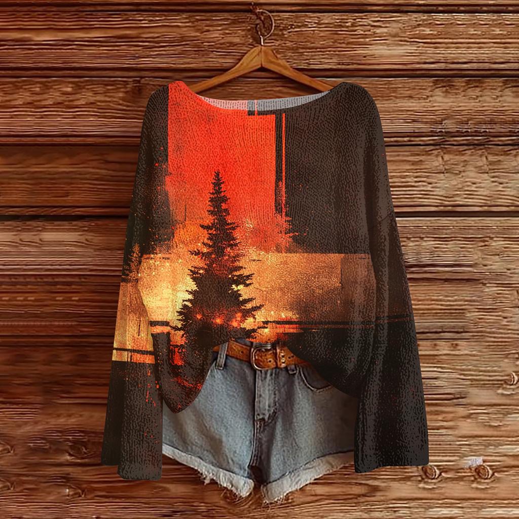 Womens  Fall Sweaters Long Sleeve Print Tops Pullover Sweaters Loose Dressy Casual Basic Clothes