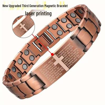 Intricately Carved Red Copper Cross Bracelet with Magnetic Stones - Retro Fashion for Men