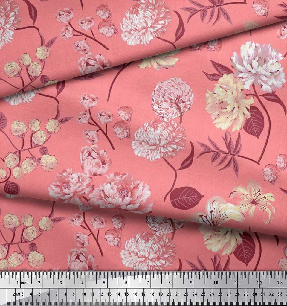 Soimoi Japan Crepe Satin Fabric Leaves,Peony & Dahlia Flower Printed Fabric 1 Metre 42 Inch