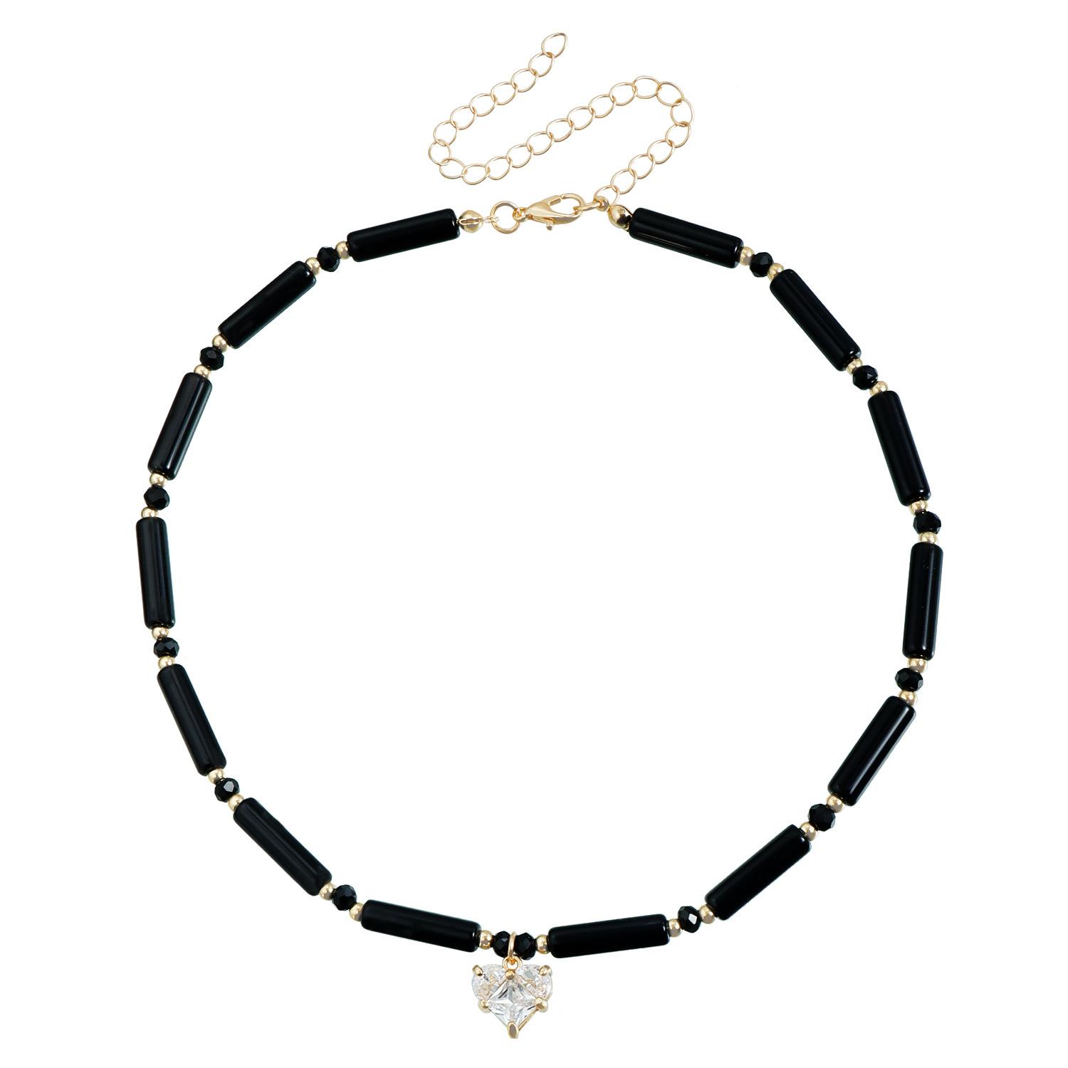 INS light luxury cylindrical glass rice beads zircon love splicing collarbone chain necklace