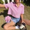 Camisa para Mujer Solapa Manga Corta Rayas Lazo Espalda Verano Tops Casuales Corte Holgado Ocio Vacaciones Camisa Corta