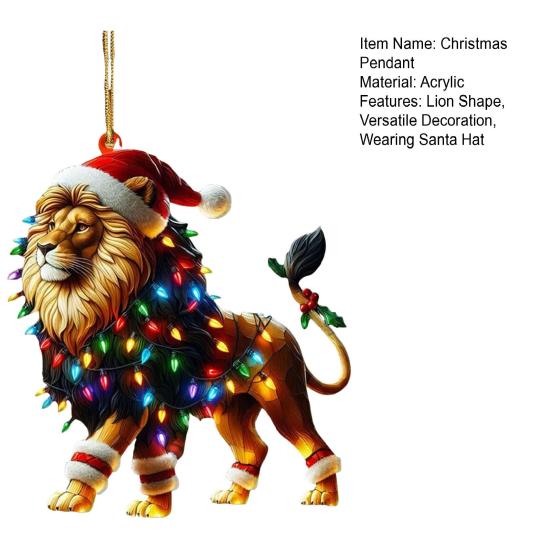 Christmas Ornament Flat 2D Acrylic Lion Wearing Santa Hat Charm Christmas Hanging Ornament with Rope