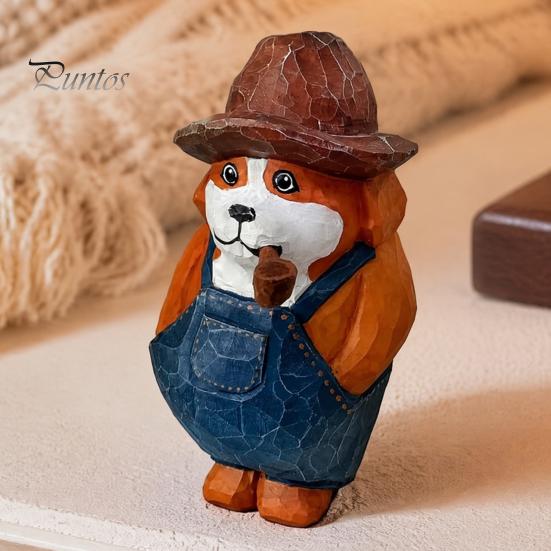 Western Cowboy Dog Figurine Style Pipe Puppy Figurine, Hand Carved Basswood Unique Painted Craft Gift Statue, Compact Ornament for Home Office Desktop