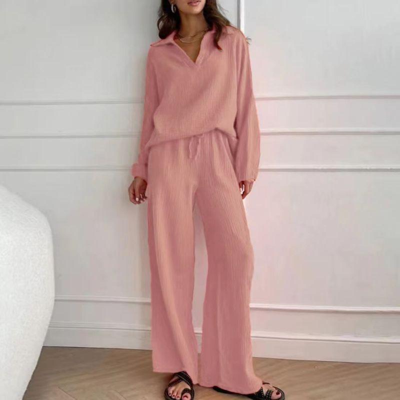 

Collar Top Drawstring Pants Set Pure Color Lapel Long Sleeve Top Drawstring Pants Suit Pink M