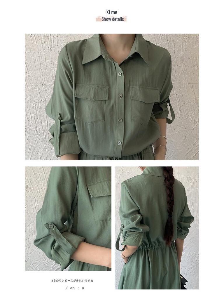 Japanese Style 2026 Autumn Women's Casual Long Sleeve Drawstring Shirt Dress with Pockets