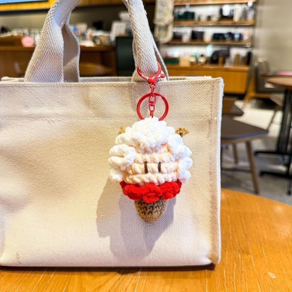 Soft Crochet Sheep Ice Cream Keychain Cute Knitted Lamb Bag Charm Hanging Decoration