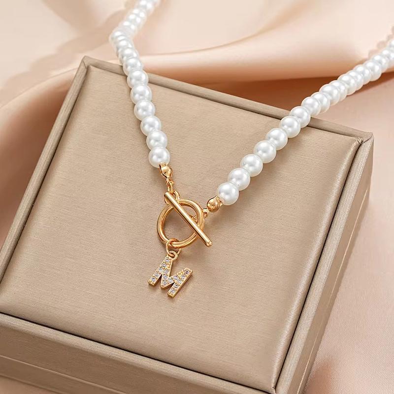 Rhinestone Letter Imitation Pearl Choker Necklace For Women Gold Plated Crystal Initial Pendant Necklace