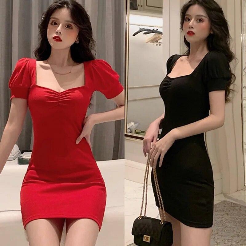 Letní dámský čtvercový límec Jednobarevné dámské šaty s krátkým rukávem Divoké ležérní sexy šaty