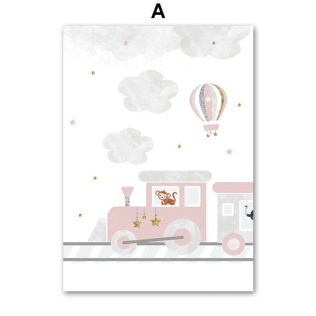 Pink Train Lion Giraffe Rainbow Balloon Flower Wall Art Canvas Prints Painting Posters Prints Pictures Girl Kids Room Home Decor