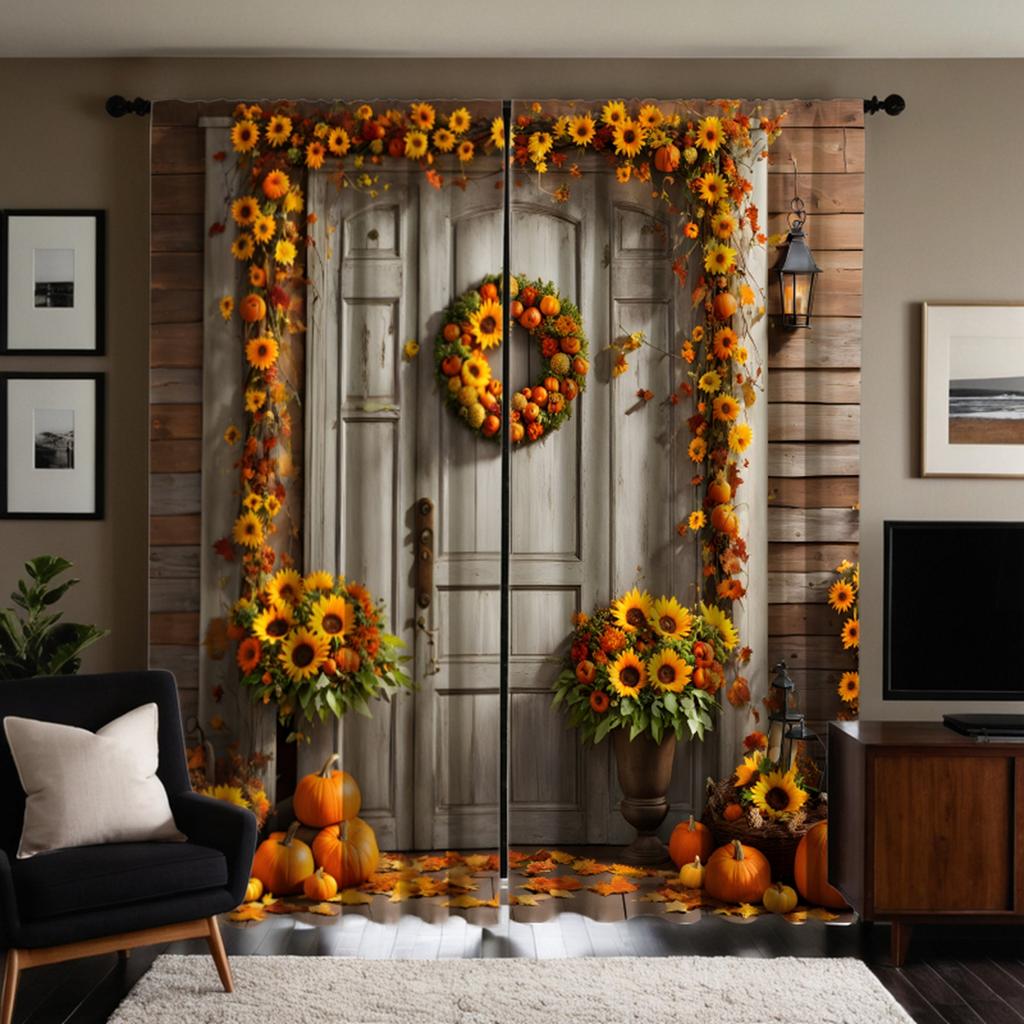 2pcs HD Harvest Festival Sunflower Garland Wooden Door Pumpkin Curtain Yellow Tie Digital Printed Curtain Home Decor Style De