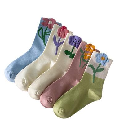 Women Mid Tube Socks Tulip Flower Pattern Cotton Socks Ladies Deodorant Sweat Absorption Socks Mixed Color 5 Pairs Free
