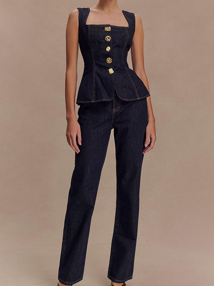 Women s Modern Style Button High Waist Denim Top & Pants Set S чёрный