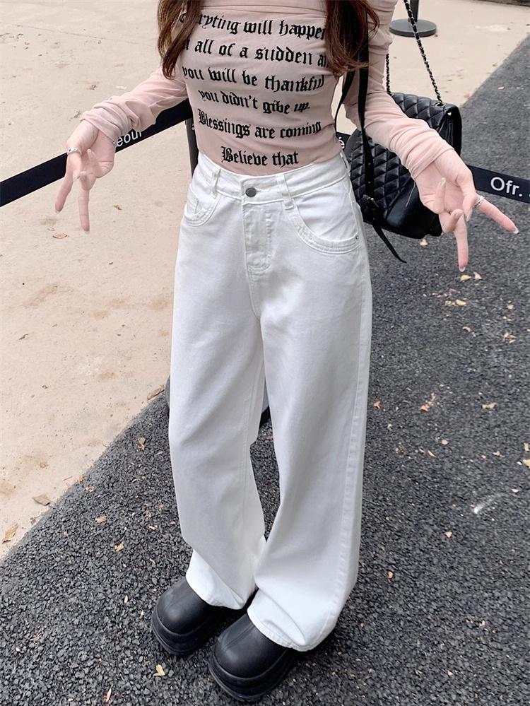 White Plus Size Straight Leg Jeans for Women - Spring/Autumn New Arrival, Pear Shaped Fit, Loose, Slimming, Wide Leg, Floor Length Pants