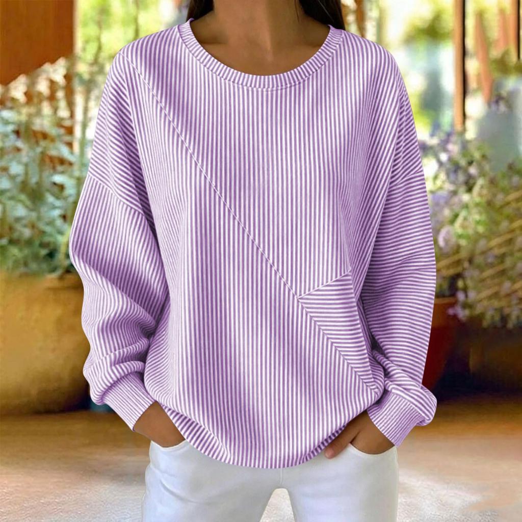Sweatshirt à rayures pour femme, col rond, manches longues, haut pull décontracté