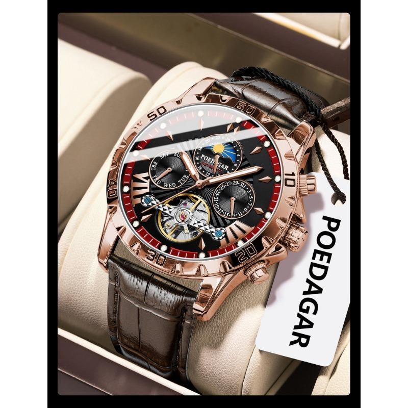 POEDAGAR Luxury Automatic Wristwatch Waterproof Luminous Date Week Leather Men Watch Tourbillon Mechanical Fashion Watches