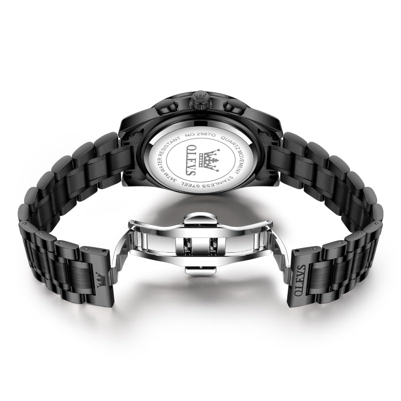 OLEVS Stainless Steel Stylish Watch for Black Strap Men's Watch, Waterproof, Luminous, Chronograph, Date, Band, Business/Casual, Men, &