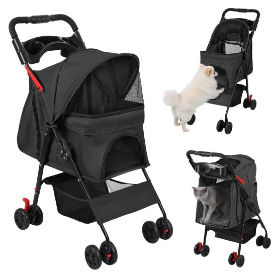 4 Wheels Pet Stroller, Foldable Cat And Dog Stroller with Mesh Windows, Cup Holder, Storage Basket, Breathable Pet Strolling Cart Holds Up To 22lbs