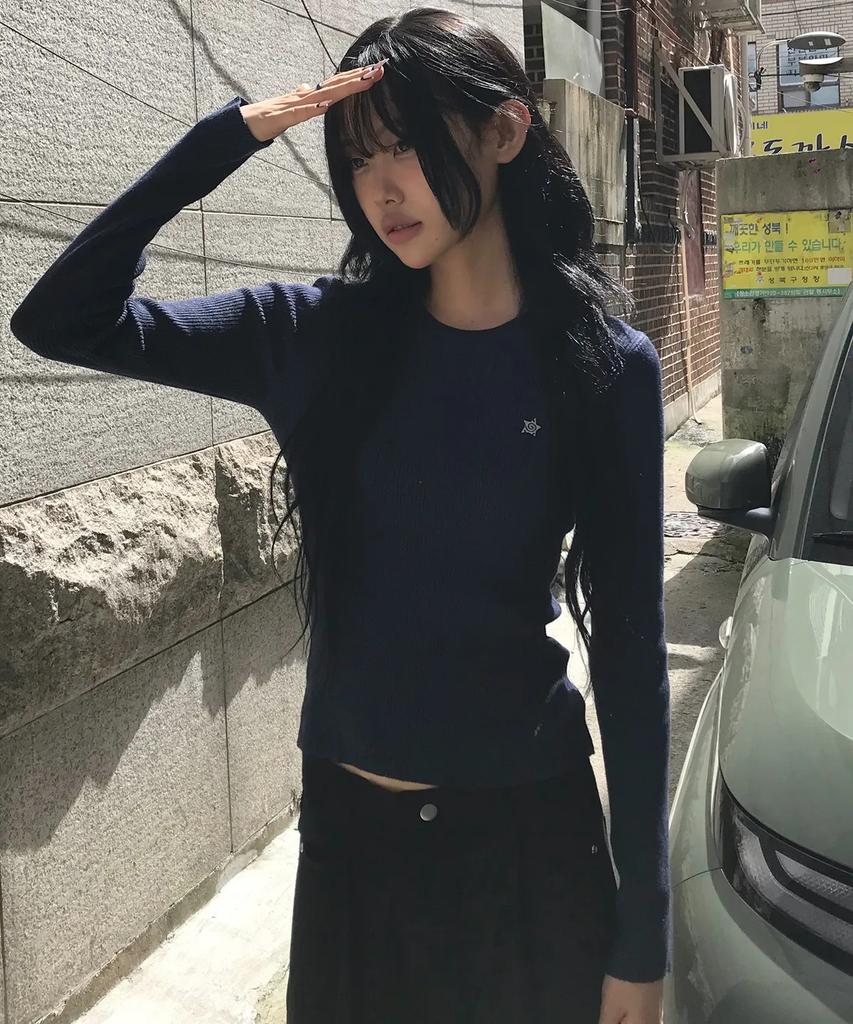 CHICKS Slim Fit Ribbed Round Knit Navy