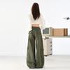 Women's Military Green Wide-Leg Jeans: Autumn Curved Knife Design, Loose Fit, Floor-Length Casual Workwear Pants.