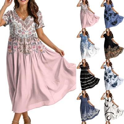 Women Casual Loose Bohemian Floral Dress Short Sleeve Long Maxi Summer Beach Swing Dress