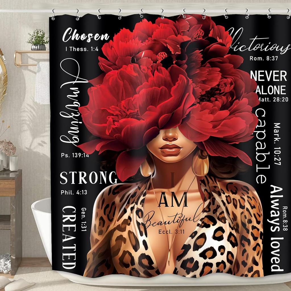 MESHELLY Black Girl Shower Curtain - Gray & Pink Peony, Motivational Quotes, Butterfly Design, Bath Decor