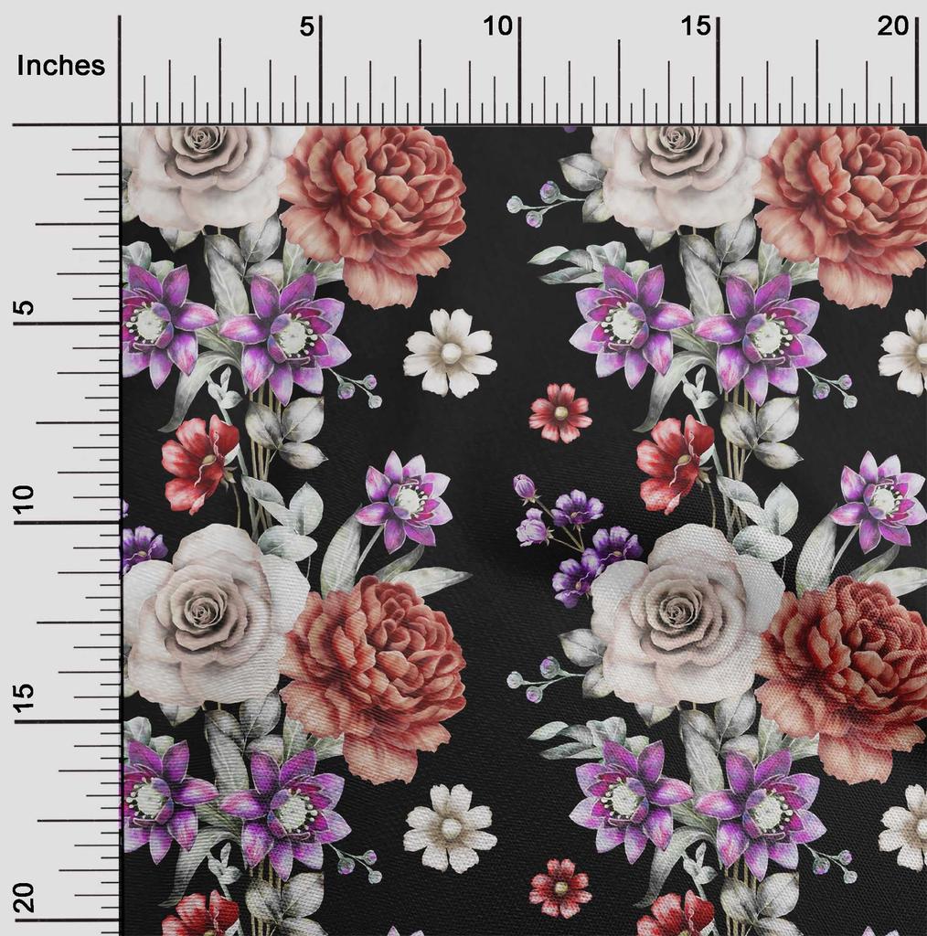 oneOone Cotton Flex Black Fabric Leaves|Lotus & Rose Floral Quilting Supplies Print Sewing Fabric By The Yard 40 Inch