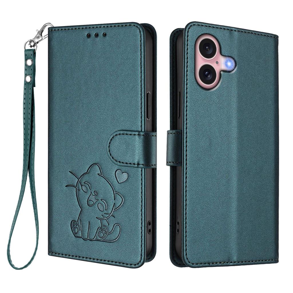 For iPhone 16 Wallet Case with Wrist Strap Love Cat Pattern Imprint Leather Phone Cover