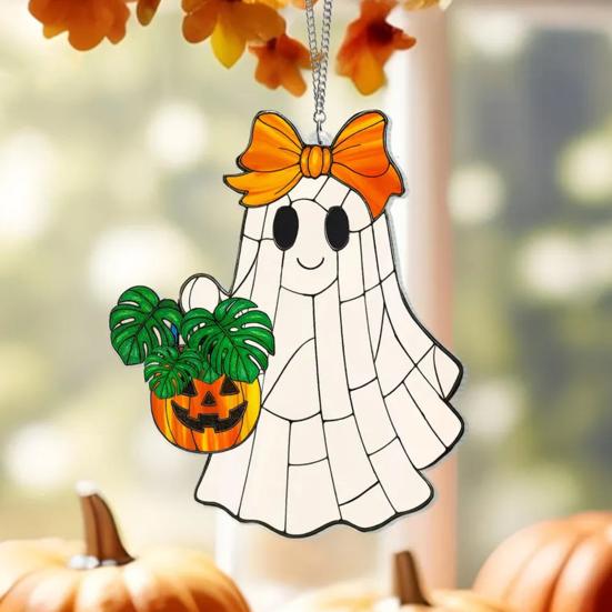 Cute Ghost Sun Catcher Ornament with Lanyard Easy To Hang Stained Glass Suncatcher Gothic Window Hanging Decoration
