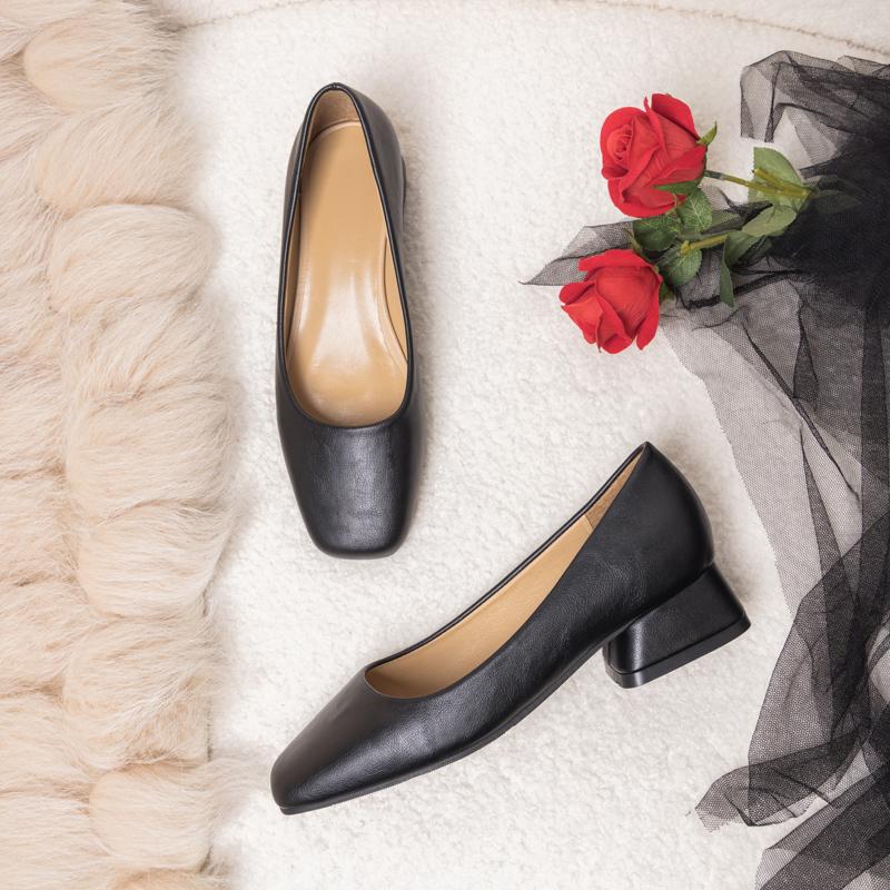 New Square Head Shallow Mouth Square Heel Small Leather Shoes Women's Elegant Fashion High Heels Dress Shoes Zapatos Mujer