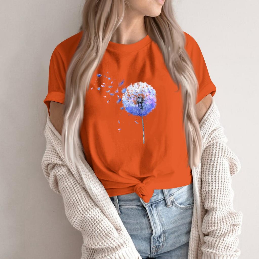 Women's Fashion Casual Printed Round Neck Short Sleeved Pullover T-Shirt Top