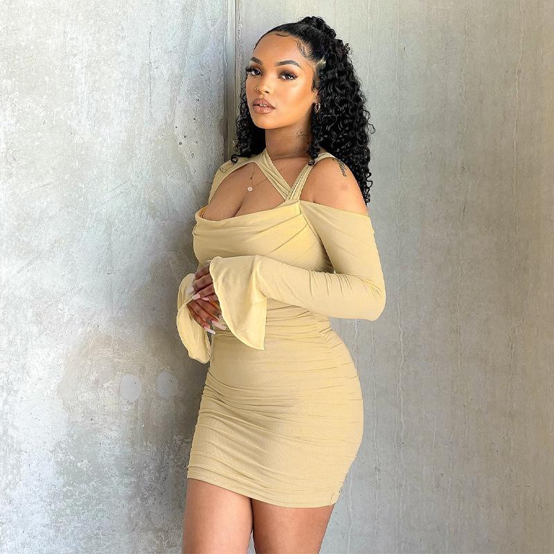 2022 léto nové síťované šití šikmé rameno zavazování za krk dlouhý rukáv slim módní sexy plisované s kapsami na bocích krátké dámské šaty