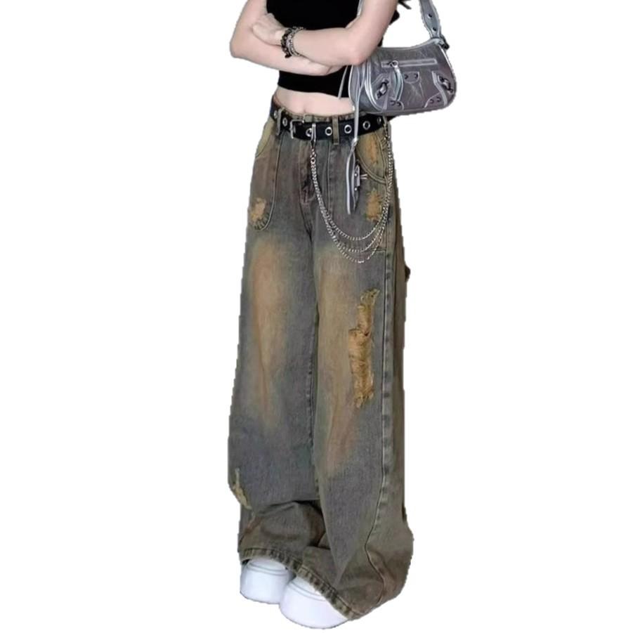 Washed Design Sense Niche Broken Hole Jeans Women Loose Large Yard Straight Straight Drag Floor Wide Leg Long Pants Jeans for Women Long Denim Pants