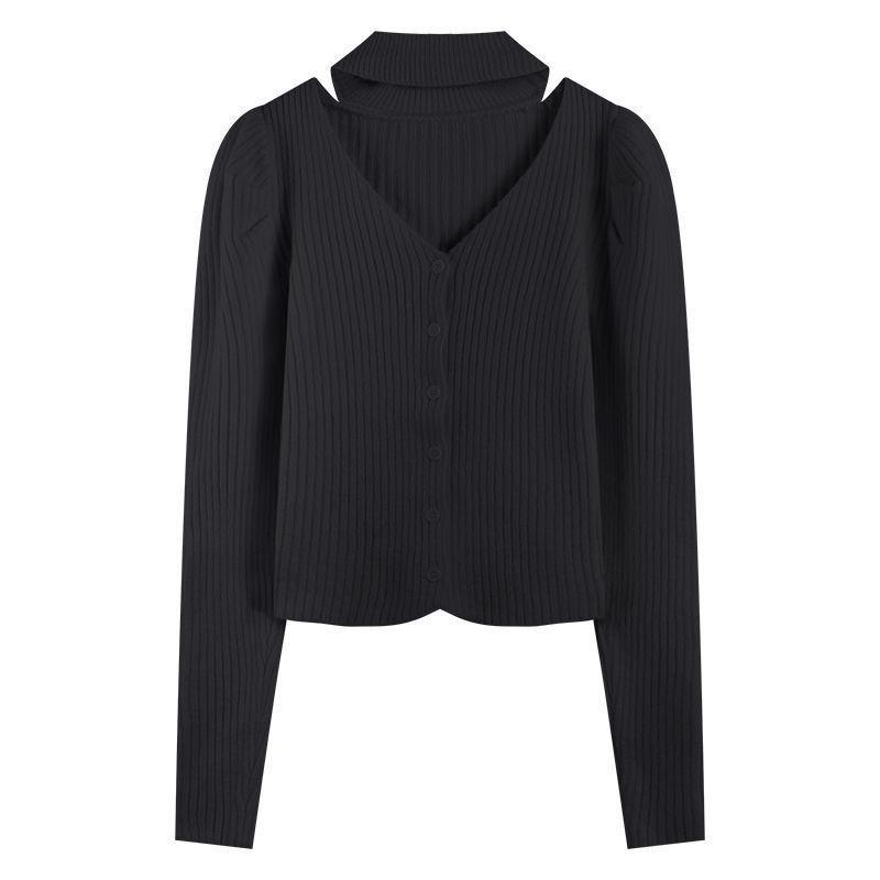Spring and Autumn Slim-fitting Short Long-sleeved Bottomed Knitted Sweater Top Design Sense Neck Hollow V-neck Sweater Women's Inner Cover
