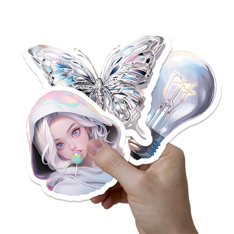 50 Waterproof Cartoon Doodle Suitcase Stickers Trendy Silver Punk Skateboard Computer Tablet Stickers Bag